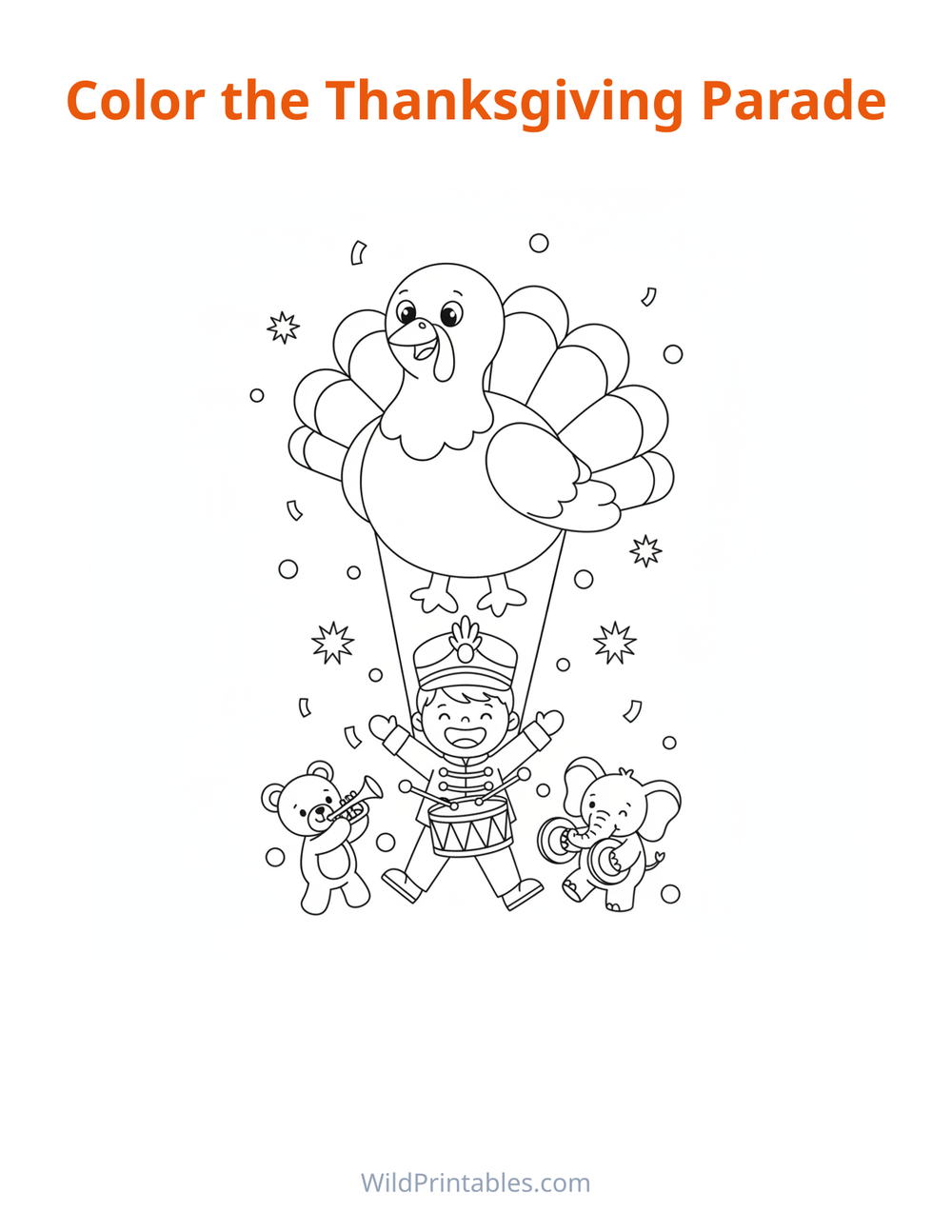 Thanksgiving Parade Coloring Page — free printable coloring for kids to print and color at home
