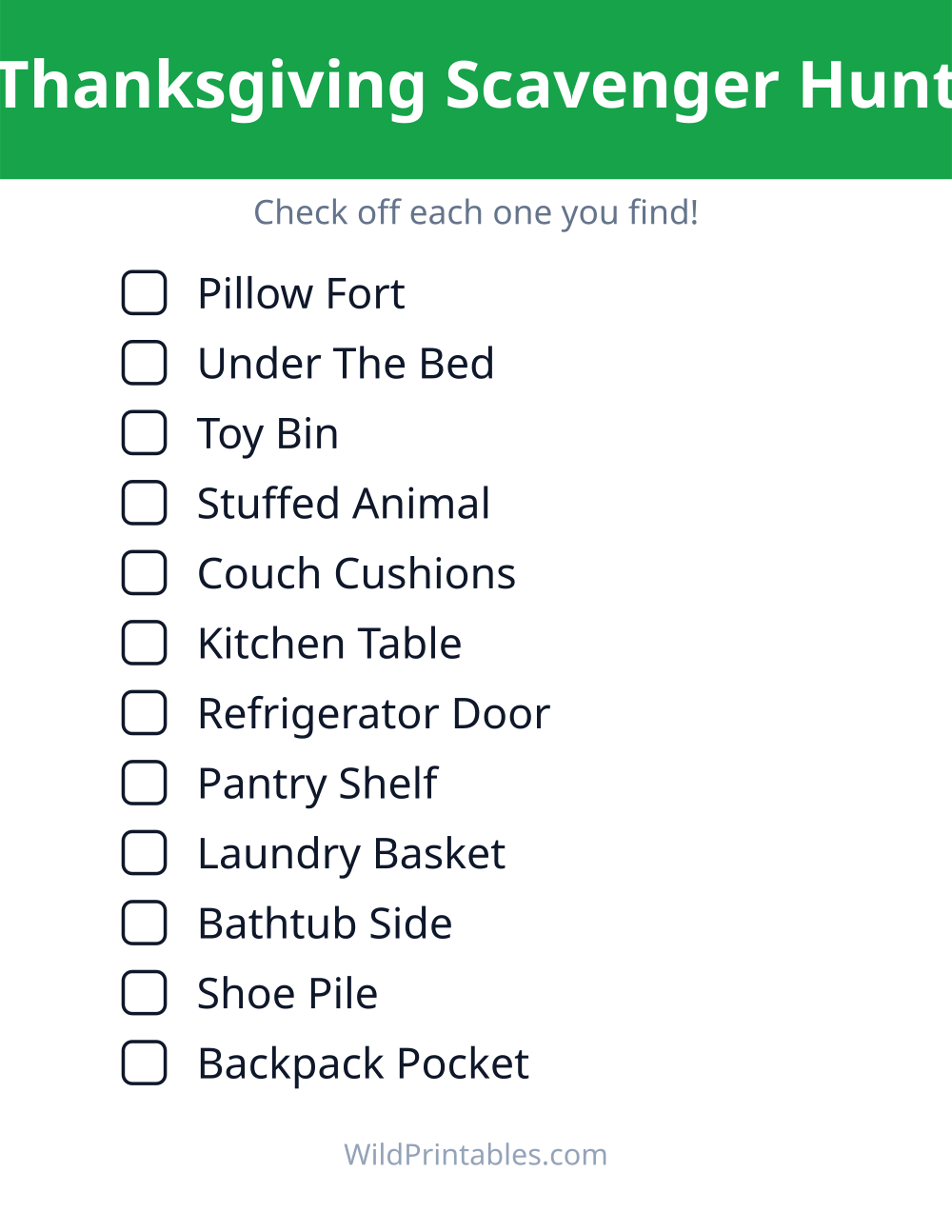Thanksgiving Scavenger Hunt — free printable scavenger hunt for kids to print and color at home