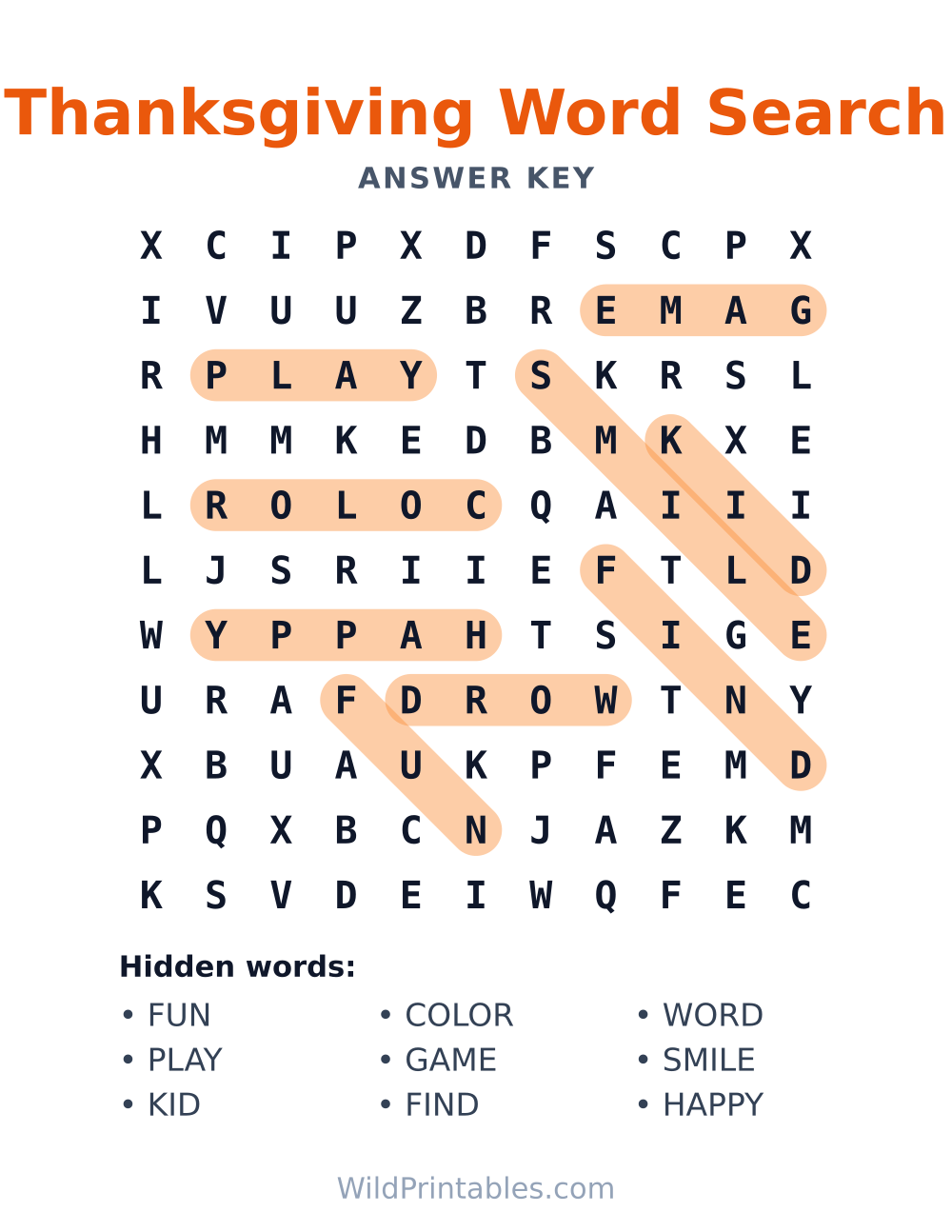 Thanksgiving Word Search — answer key