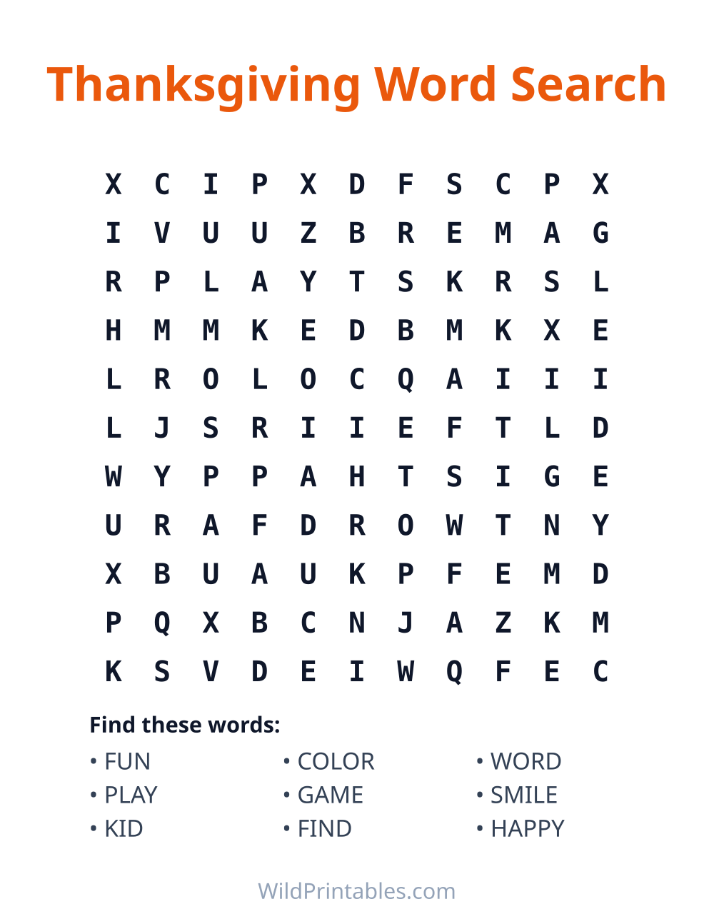 Thanksgiving Word Search — free printable word search for kids