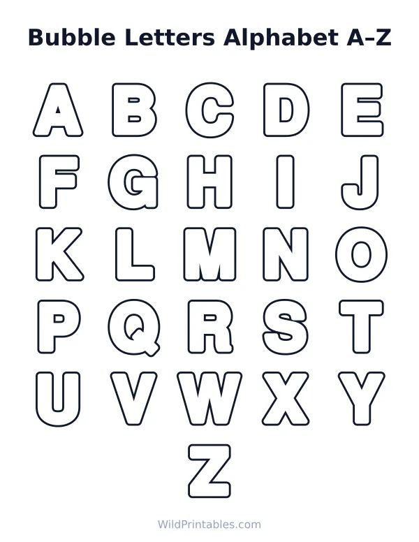 Printable bubble letters alphabet: capital letters A to Z in round outlined bubble letters on one page