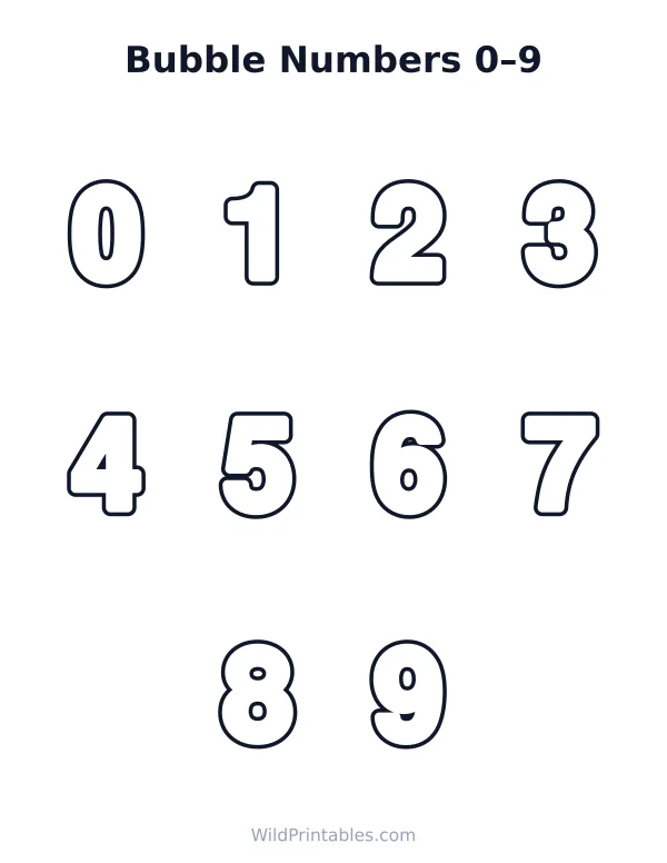 Bubble numbers 0 to 9 in round outlined bubble letters on one page