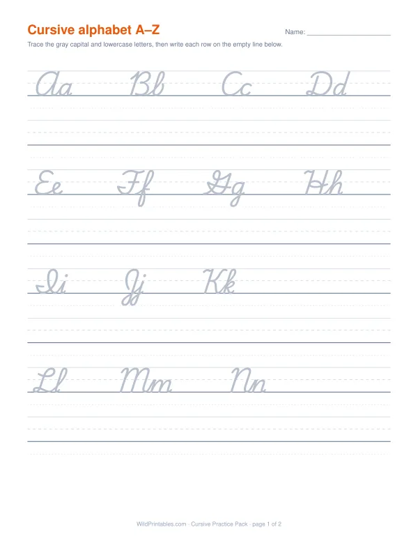 Cursive alphabet worksheet A–Z, trace and copy — first page