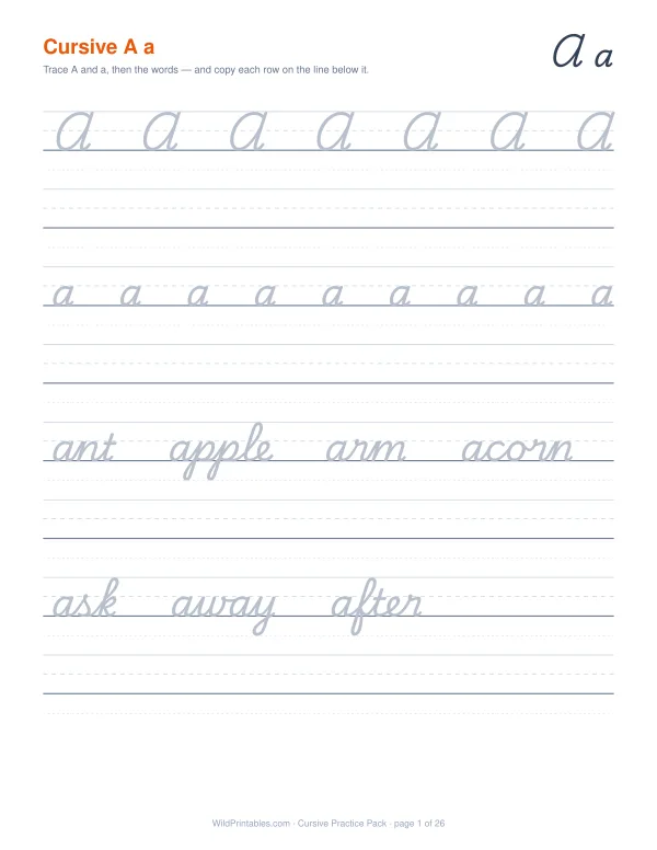 Cursive letters A–Z, one page per letter — first page
