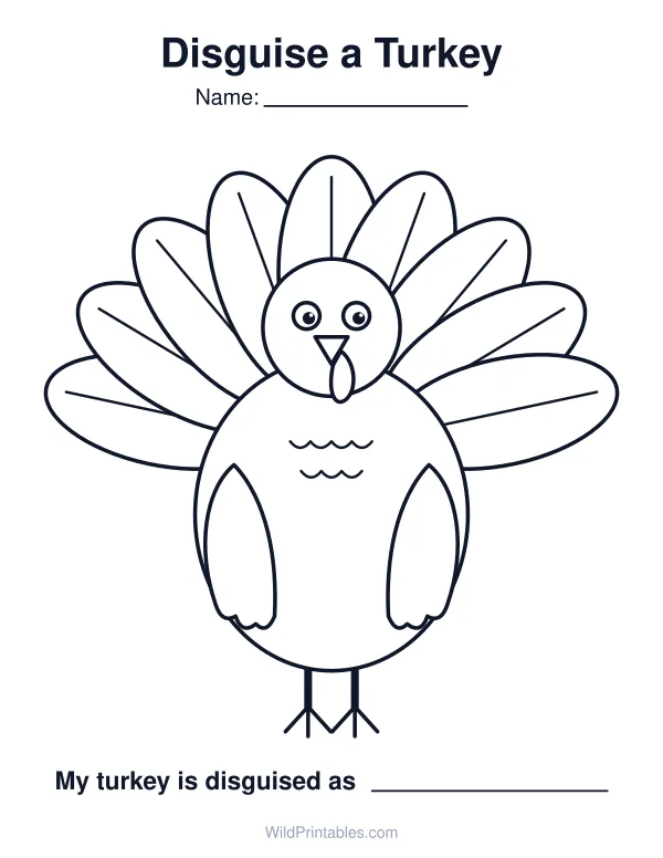 Blank disguise a turkey template with tail feathers, a name line and the sentence My turkey is disguised as