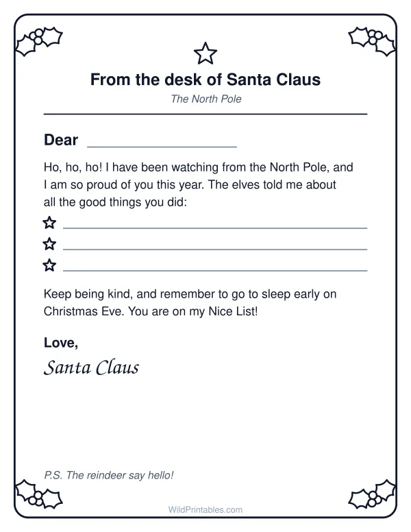 Letter from Santa template (for parents): printable page preview