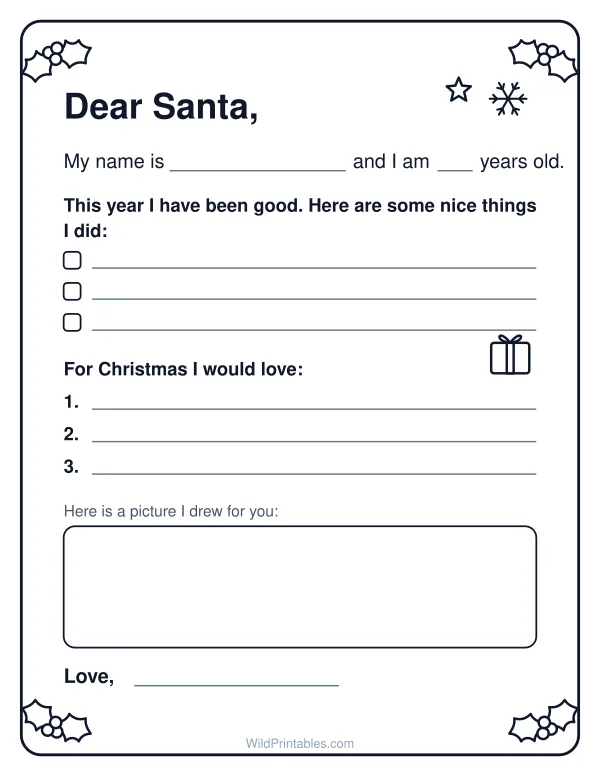 Letter to Santa template: printable page preview