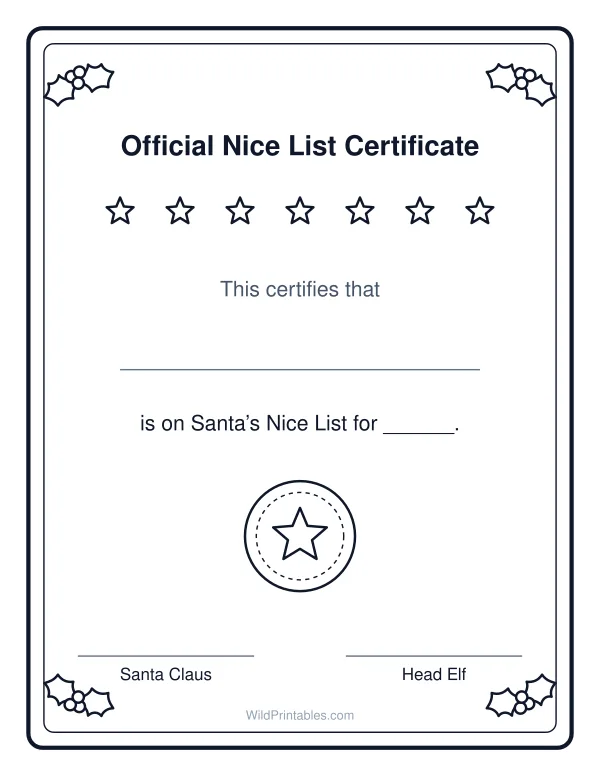 Santa’s Nice List certificate: printable page preview