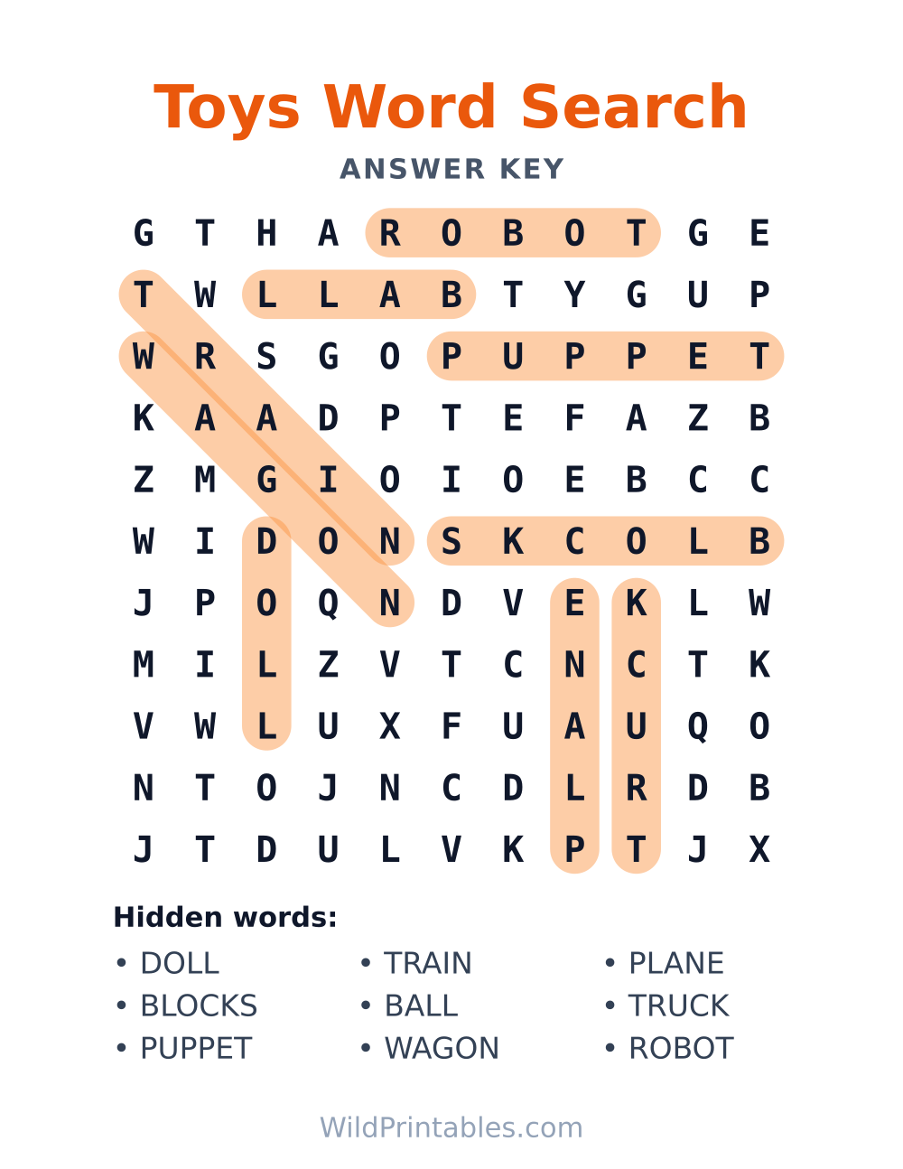 Toys Word Search — answer key