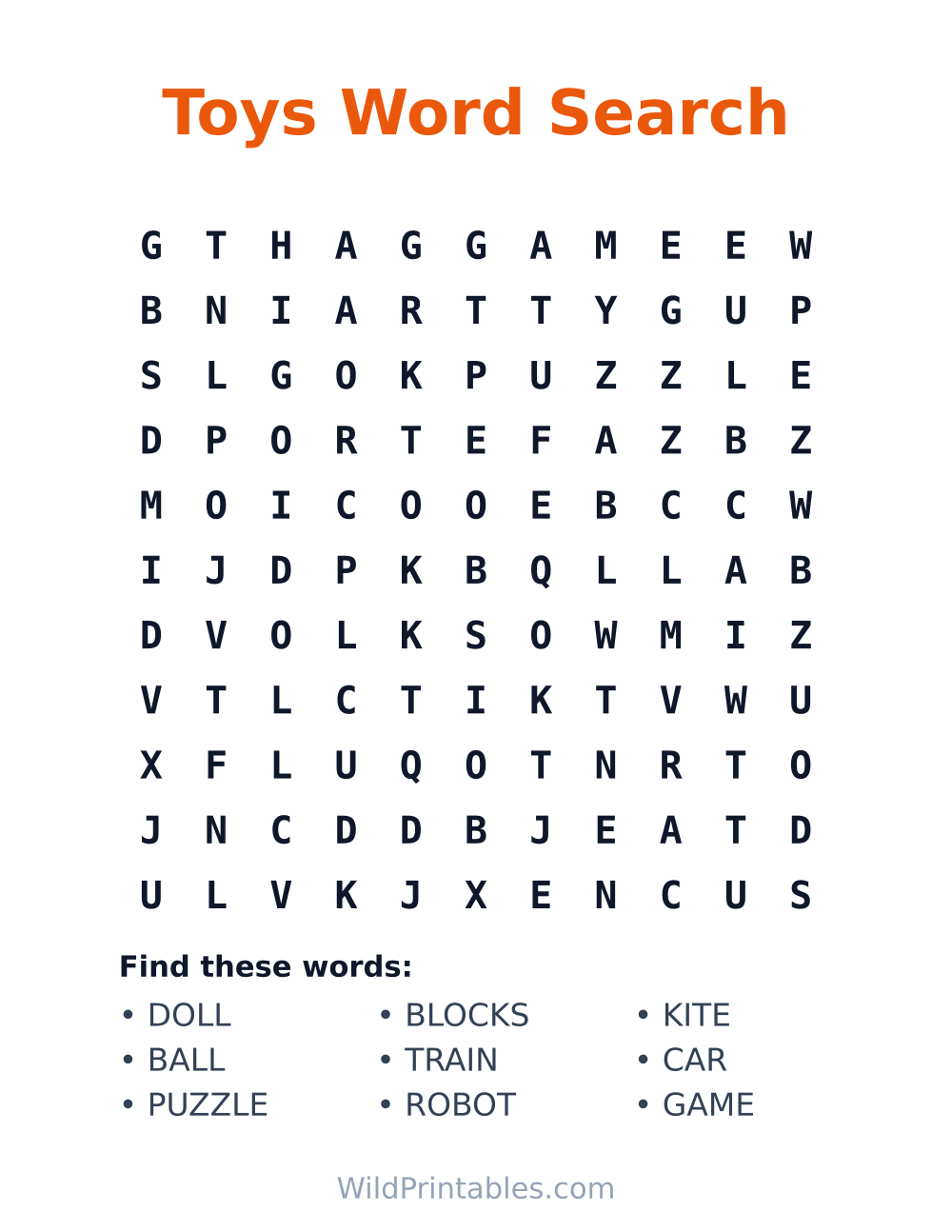 Toys Word Search — free printable word search for kids to print and color at home