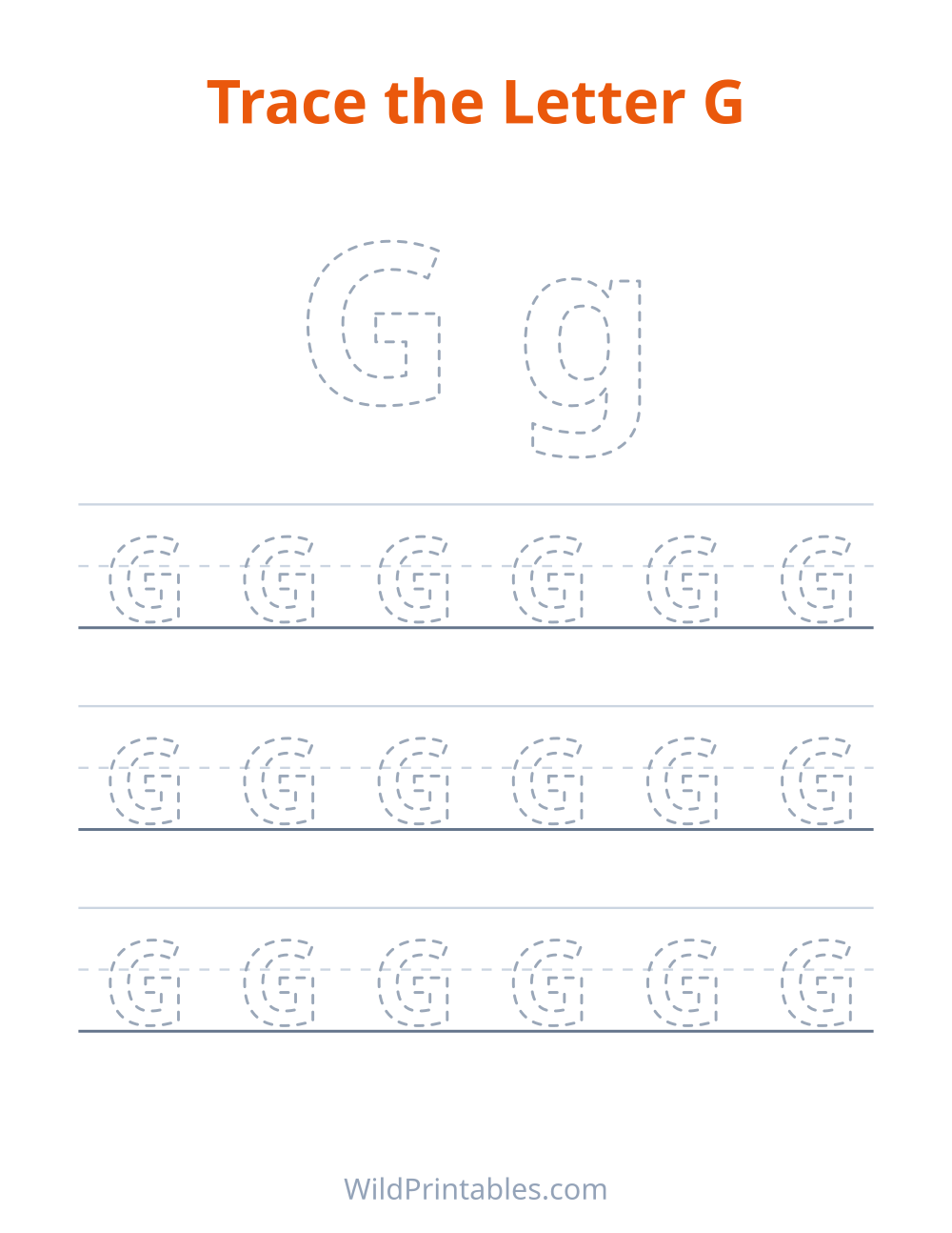 Trace the Letter G — free printable tracing for kids to print and color at home