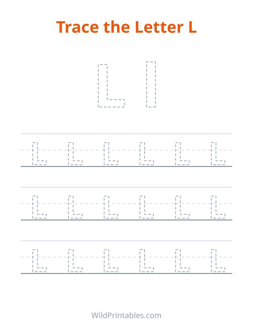 Trace the Letter L — free printable tracing for kids to print and color at home