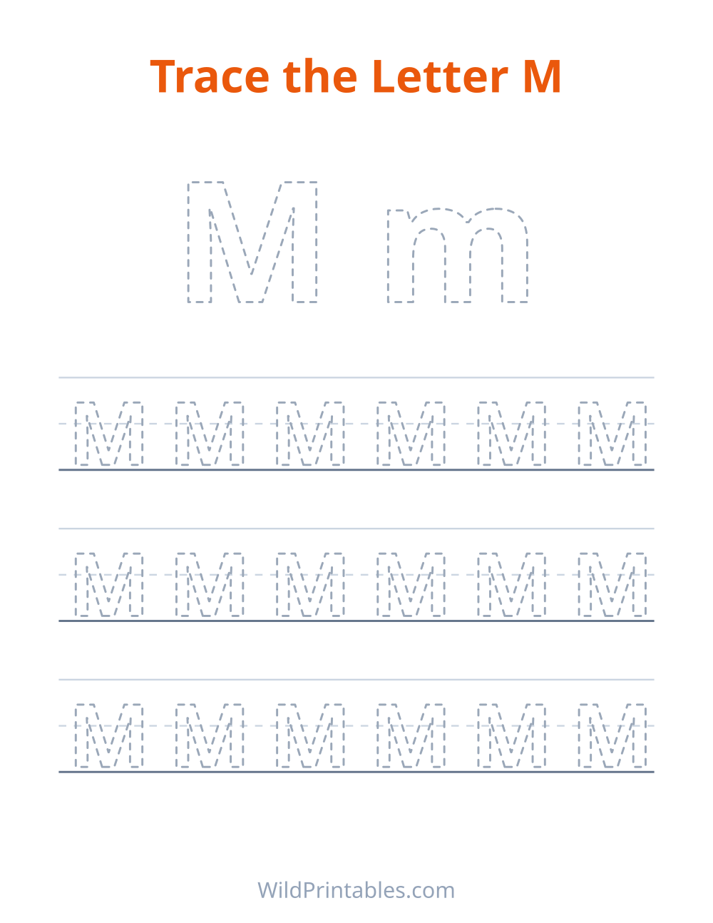 Trace the Letter M — free printable tracing for kids to print and color at home