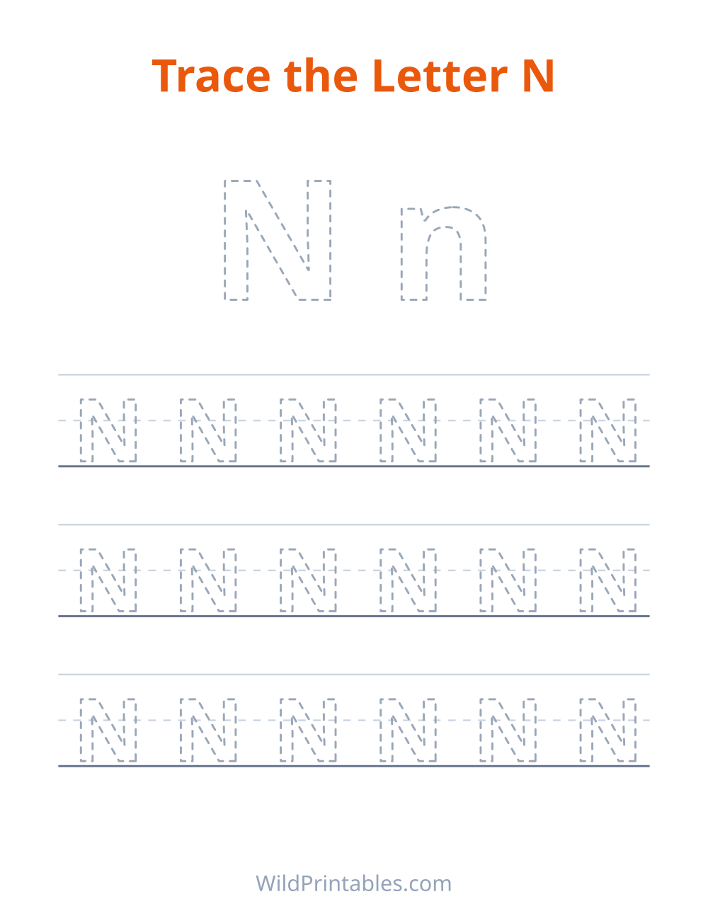 Trace the Letter N — free printable tracing for kids to print and color at home