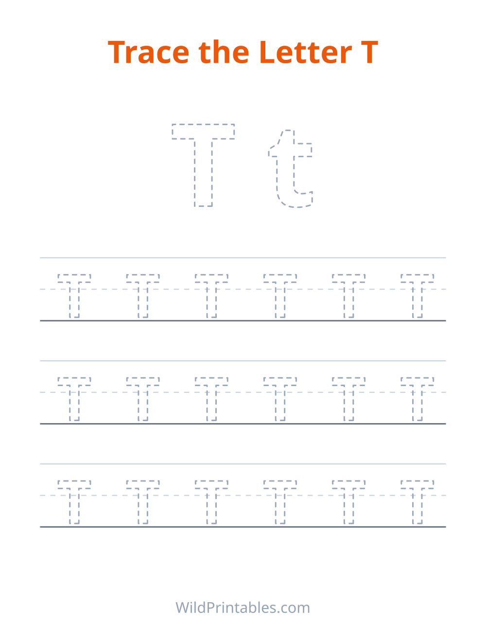 Trace the Letter T — free printable tracing for kids to print and color at home