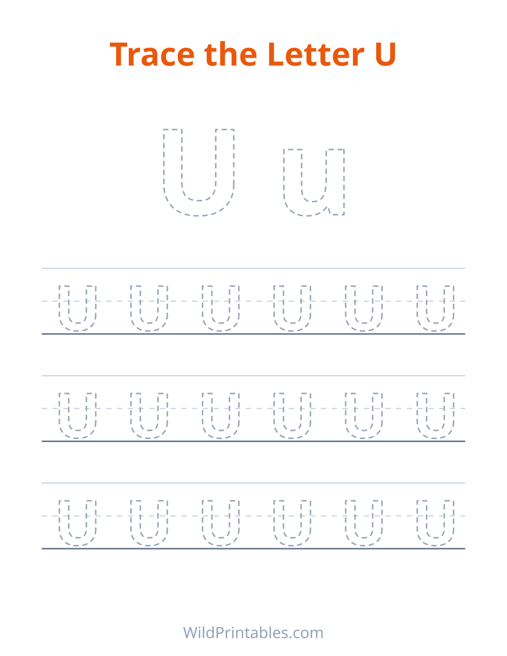 Trace the Letter U — free printable tracing for kids to print and color at home
