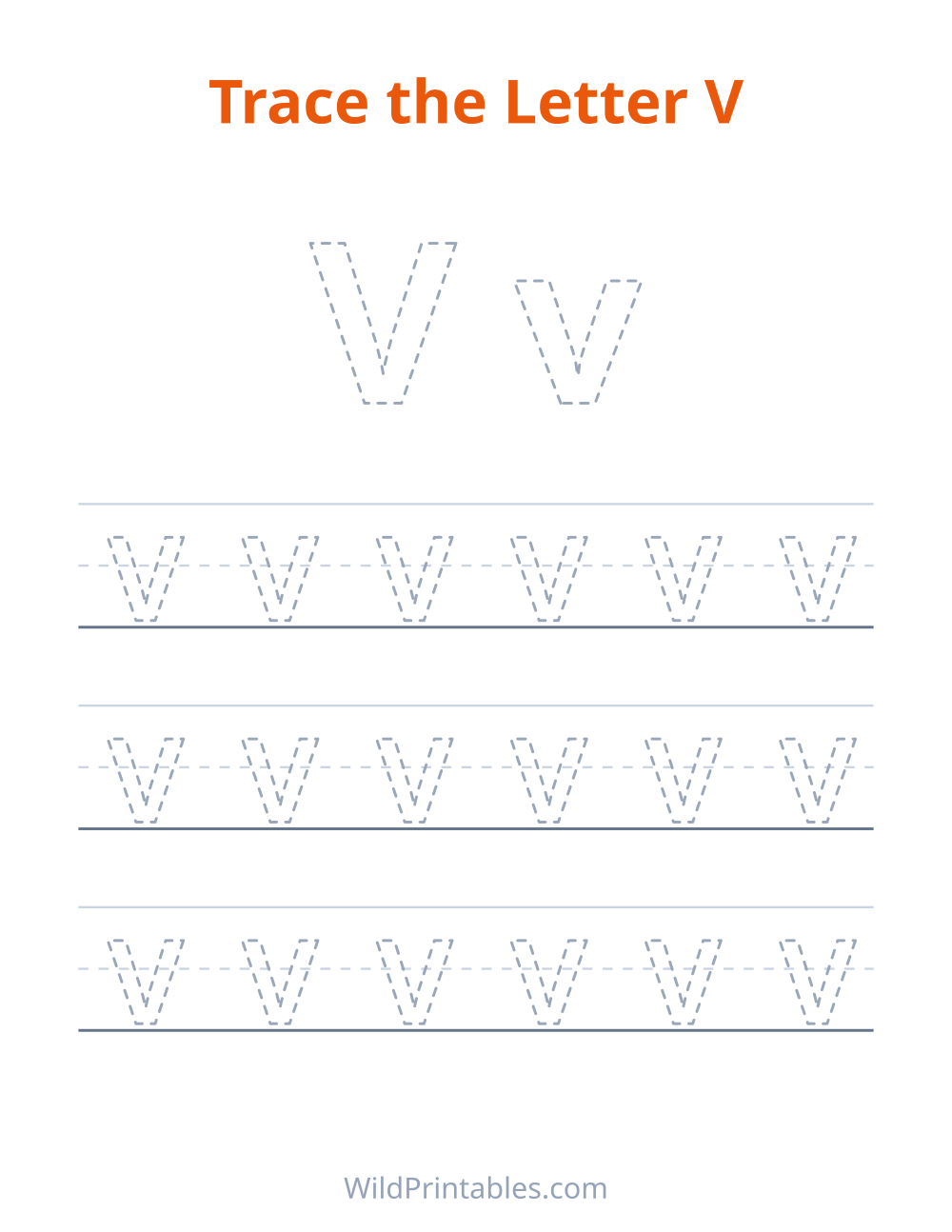 Trace the Letter V — free printable tracing for kids to print and color at home