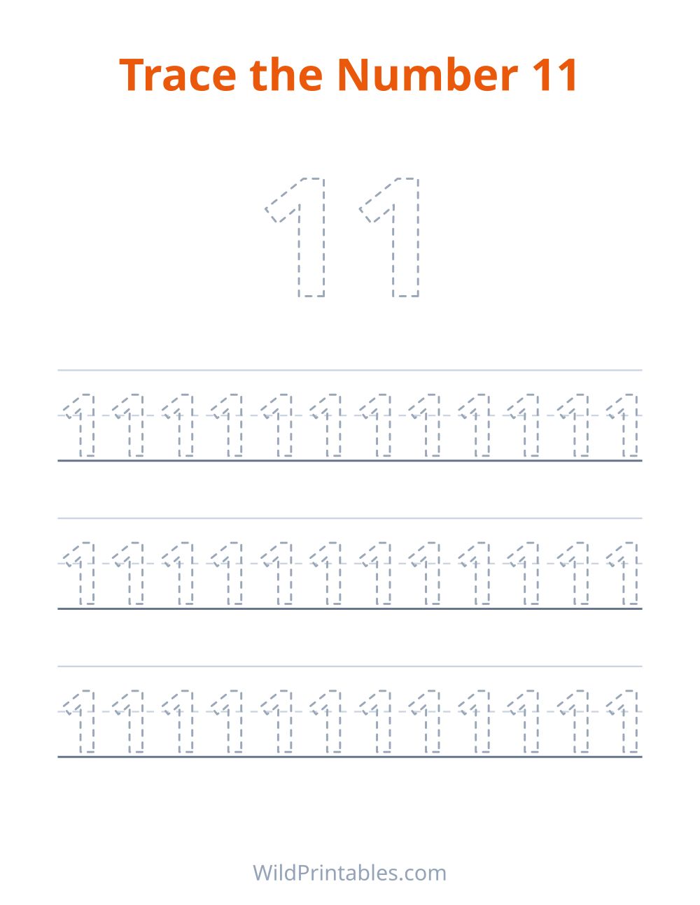 Trace the Number 11 — free printable tracing for kids