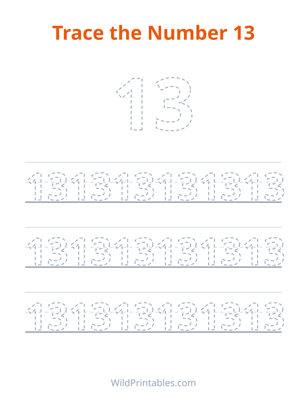 Trace the Number 13 — free printable tracing for kids to print and color at home