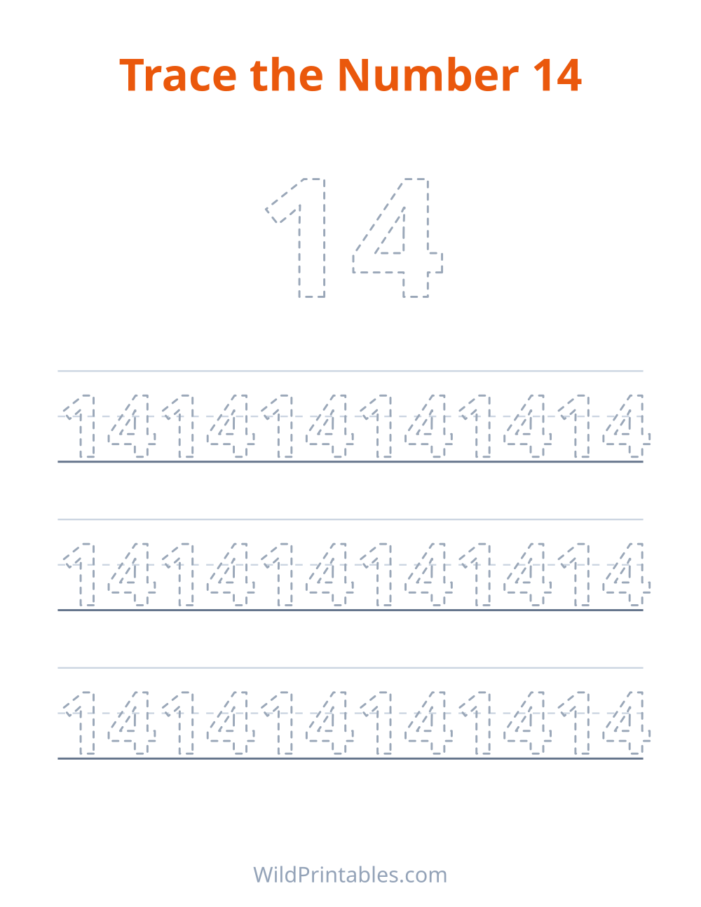 Trace the Number 14 — free printable tracing for kids to print and color at home