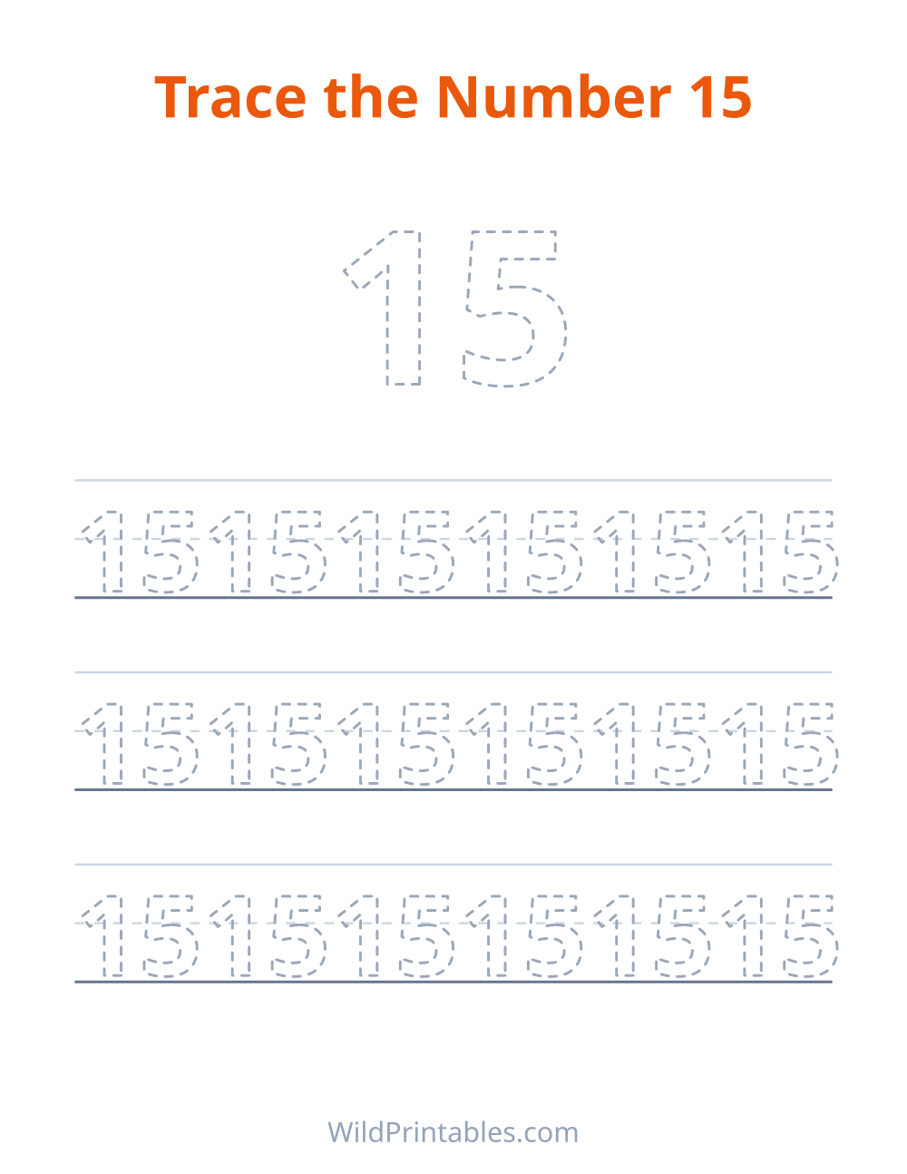 Trace the Number 15 — free printable tracing for kids to print and color at home