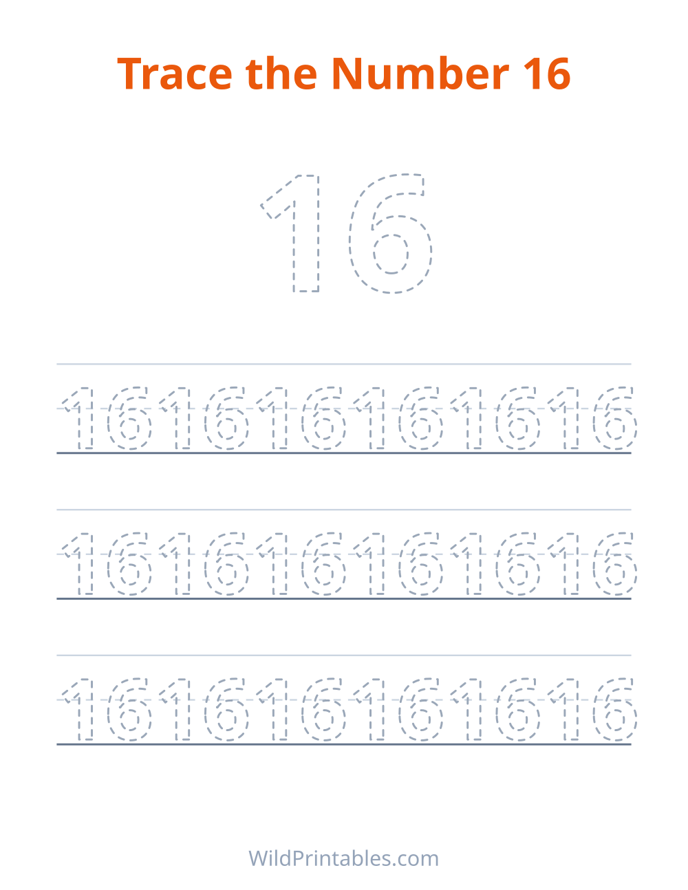 Trace the Number 16 — free printable tracing for kids to print and color at home