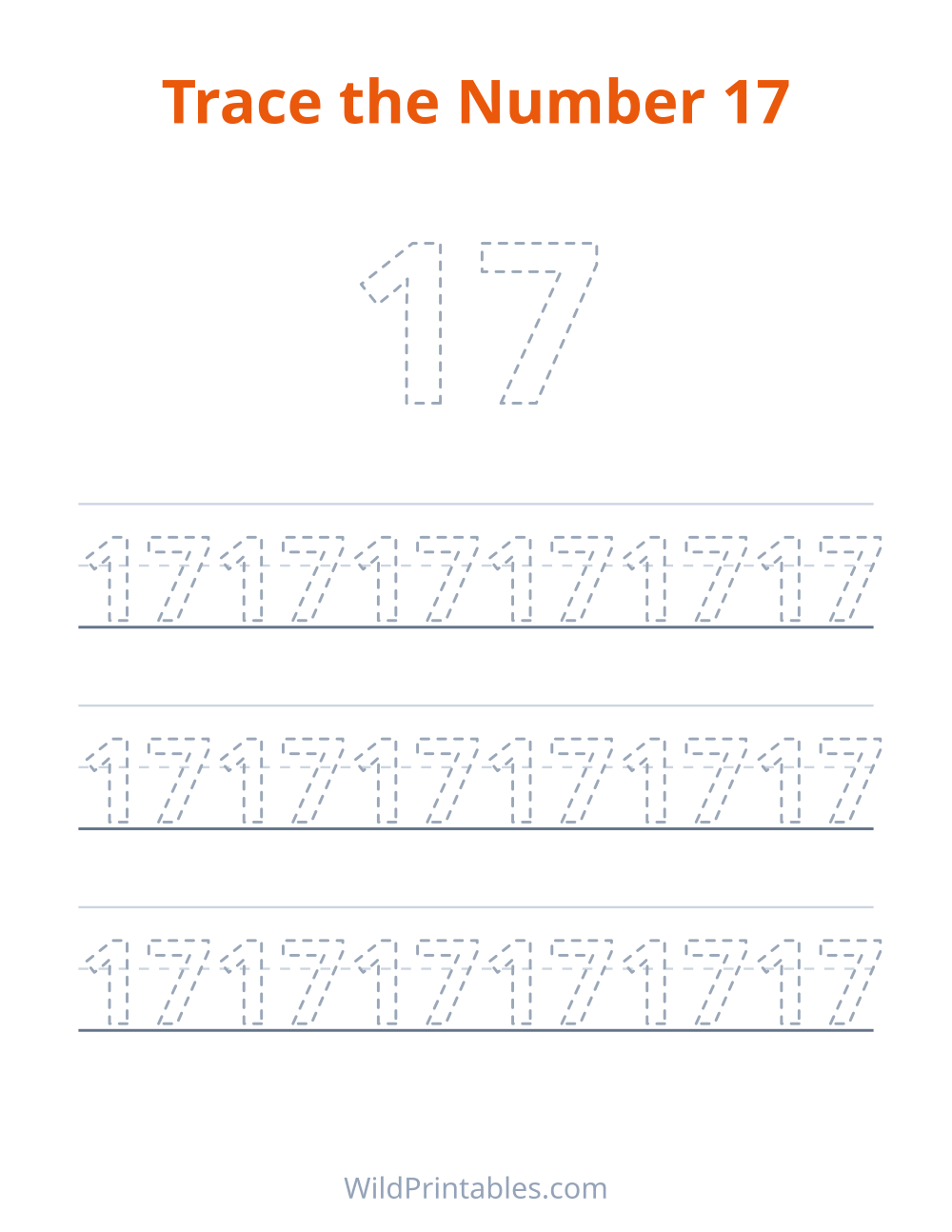 Trace the Number 17 — free printable tracing for kids to print and color at home