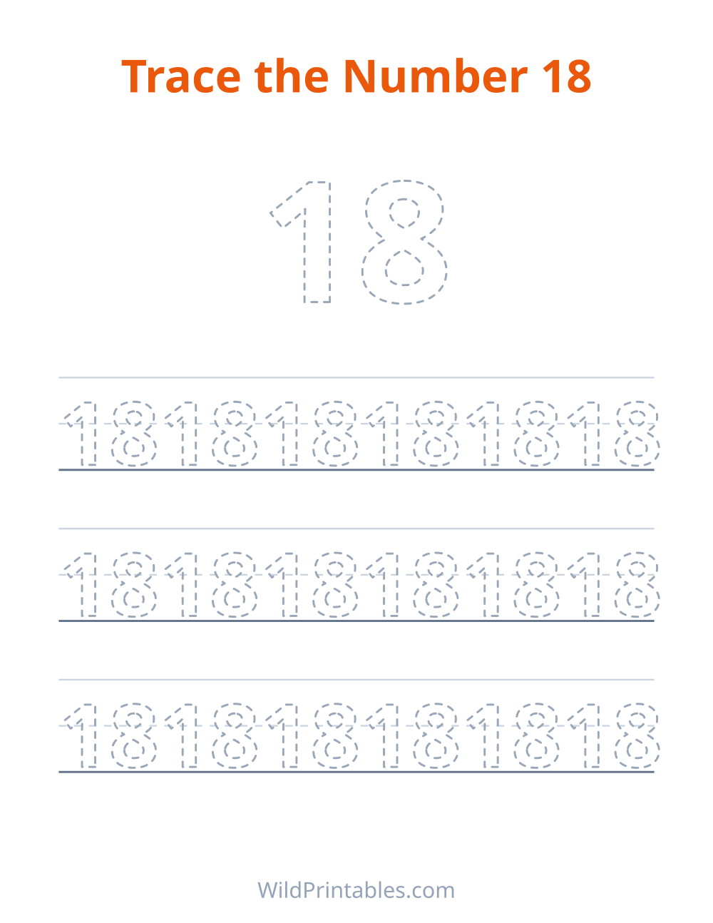Trace the Number 18 — free printable tracing for kids to print and color at home