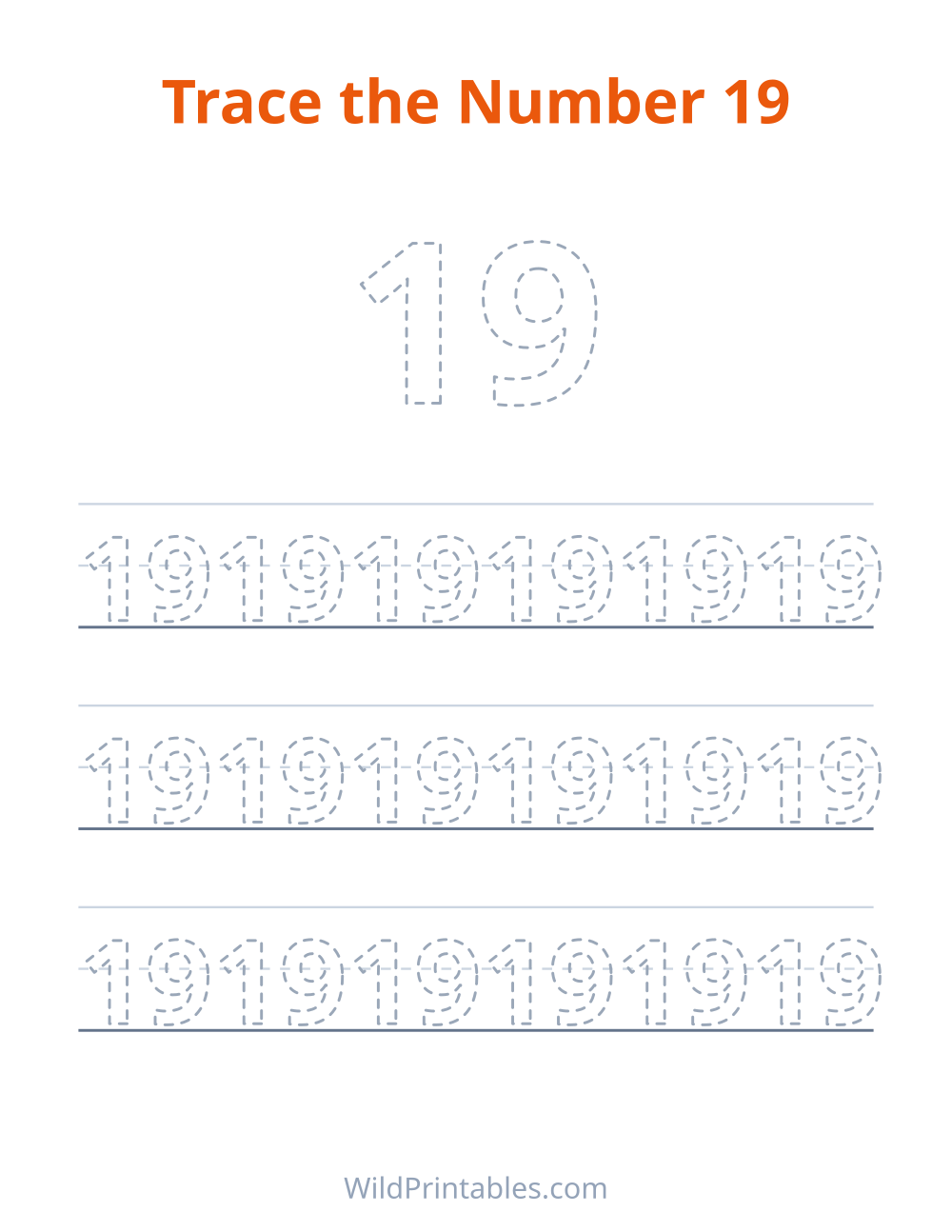 Trace the Number 19 — free printable tracing for kids to print and color at home