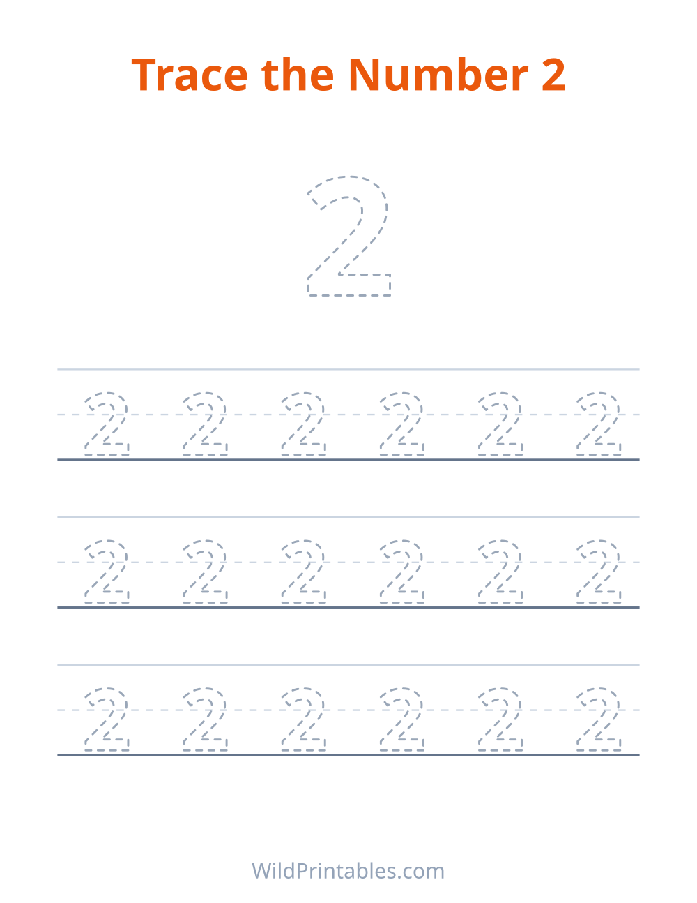 Trace the Number 2 — free printable tracing for kids to print and color at home