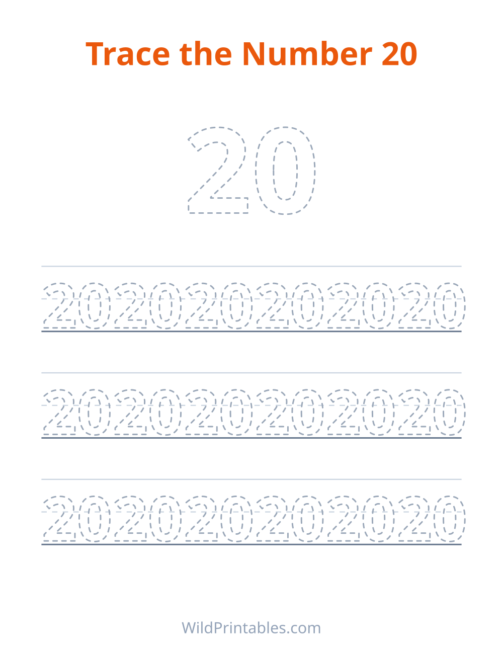 Trace the Number 20 — free printable tracing for kids to print and color at home