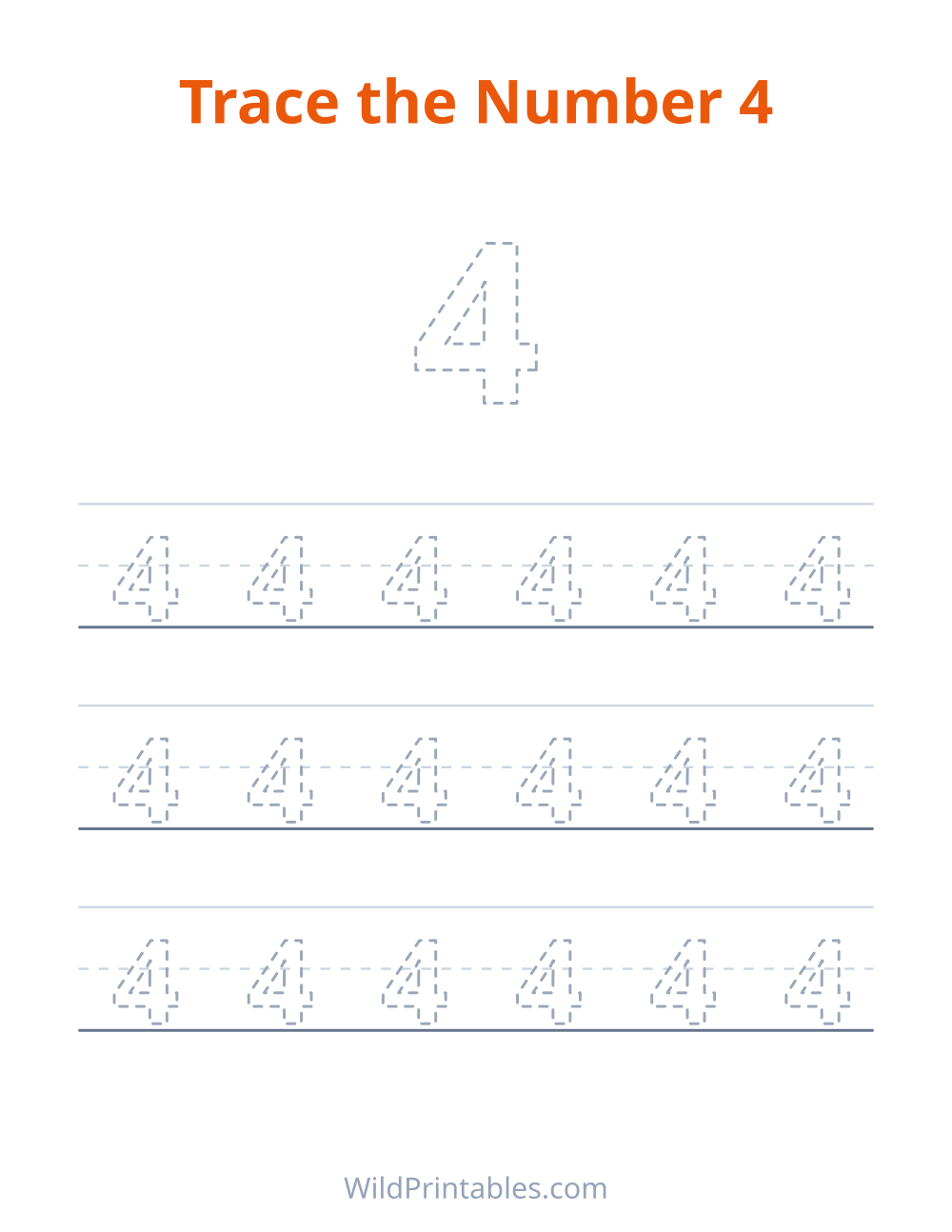 Trace the Number 4 — free printable tracing for kids to print and color at home