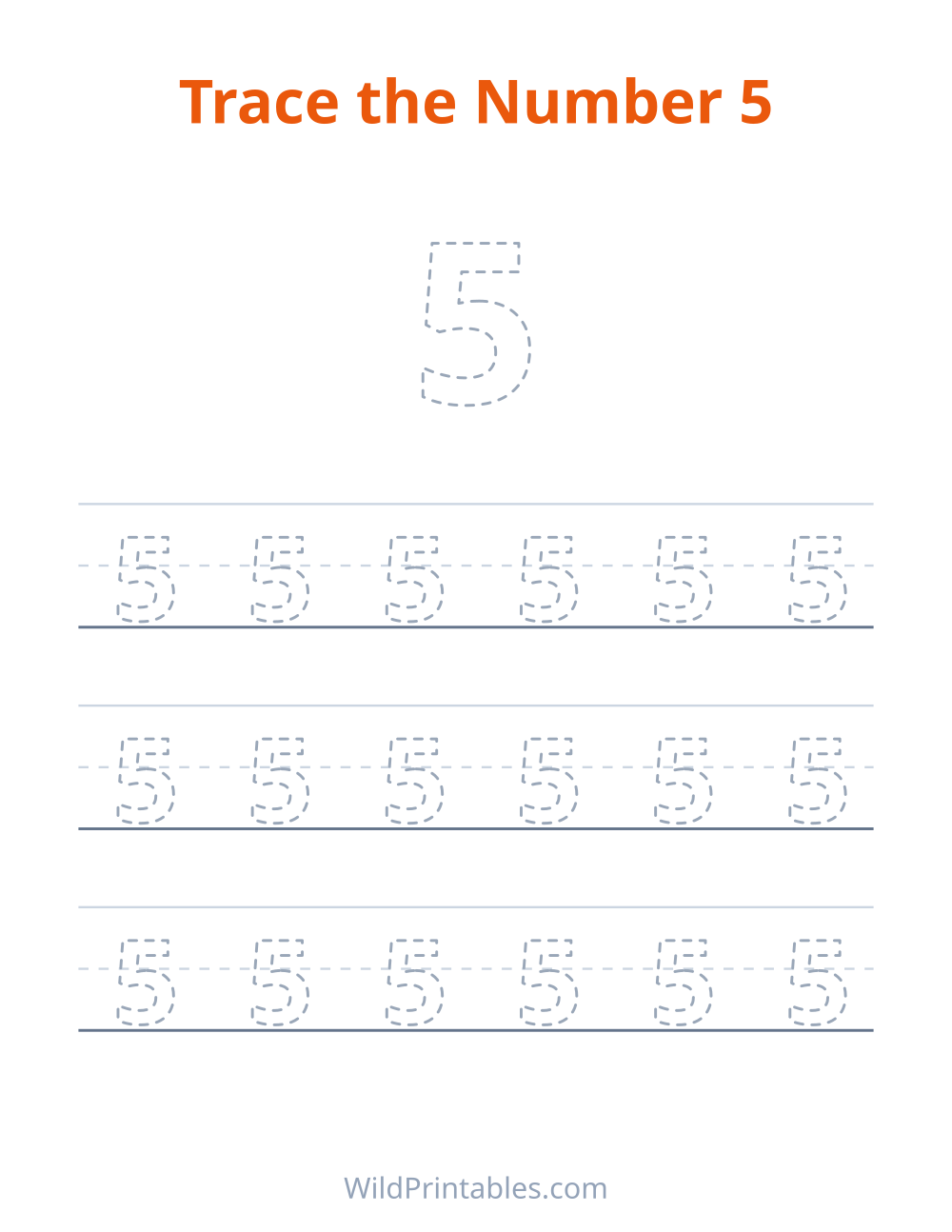 Trace the Number 5 — free printable tracing for kids to print and color at home