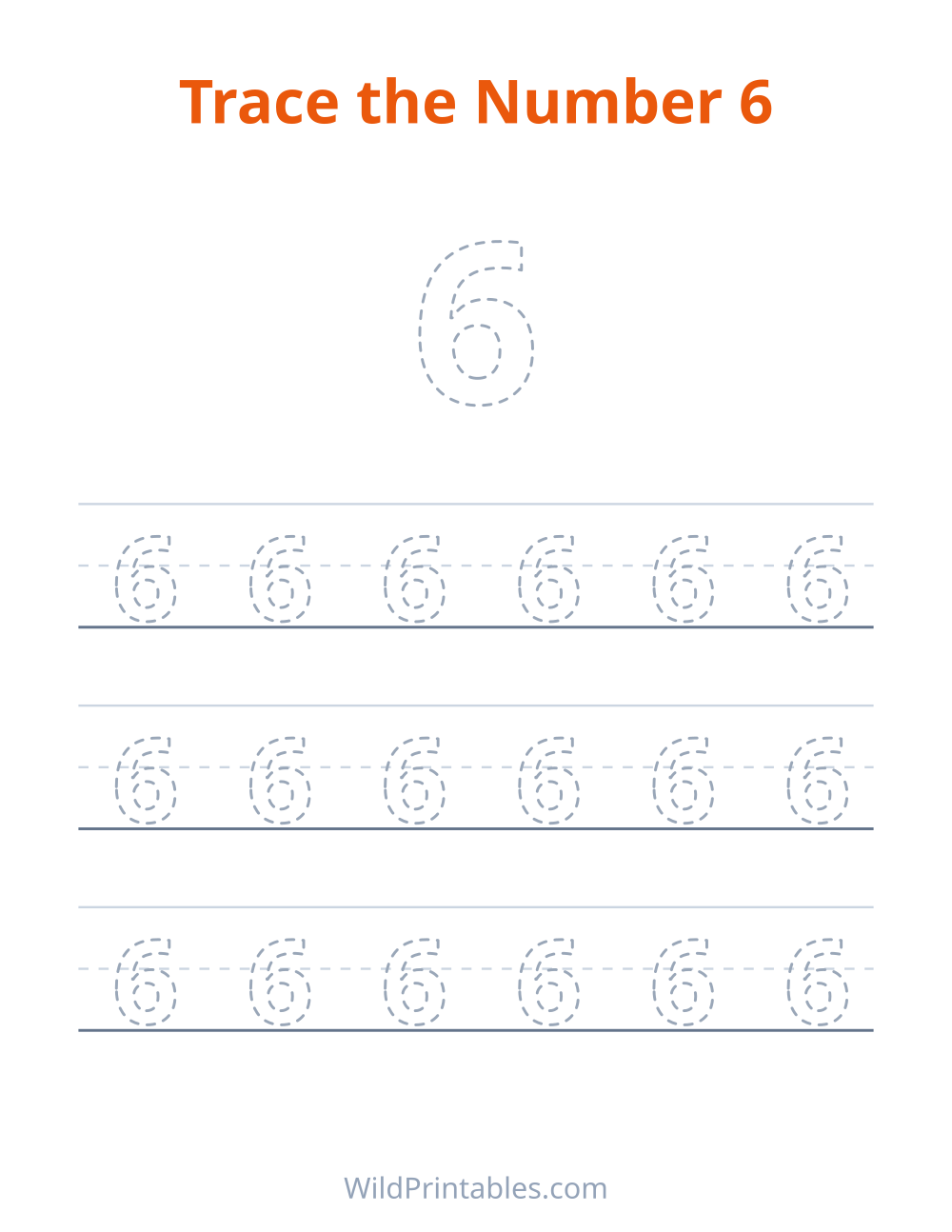 Trace the Number 6 — free printable tracing for kids to print and color at home
