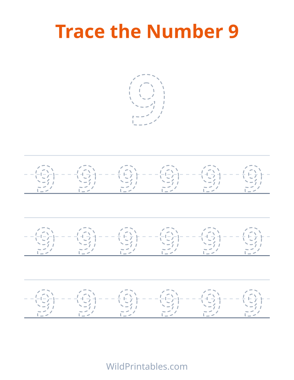 Trace the Number 9 — free printable tracing for kids to print and color at home