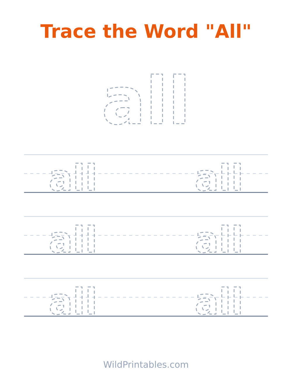 Trace the Word "All" — free printable tracing for kids