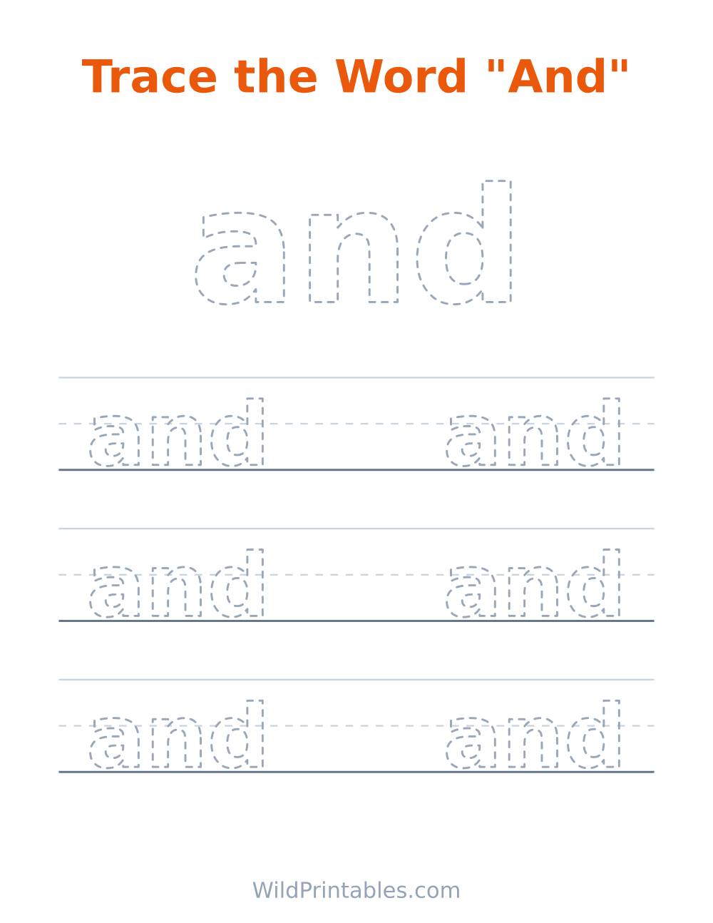 Trace the Word "And" — free printable tracing for kids