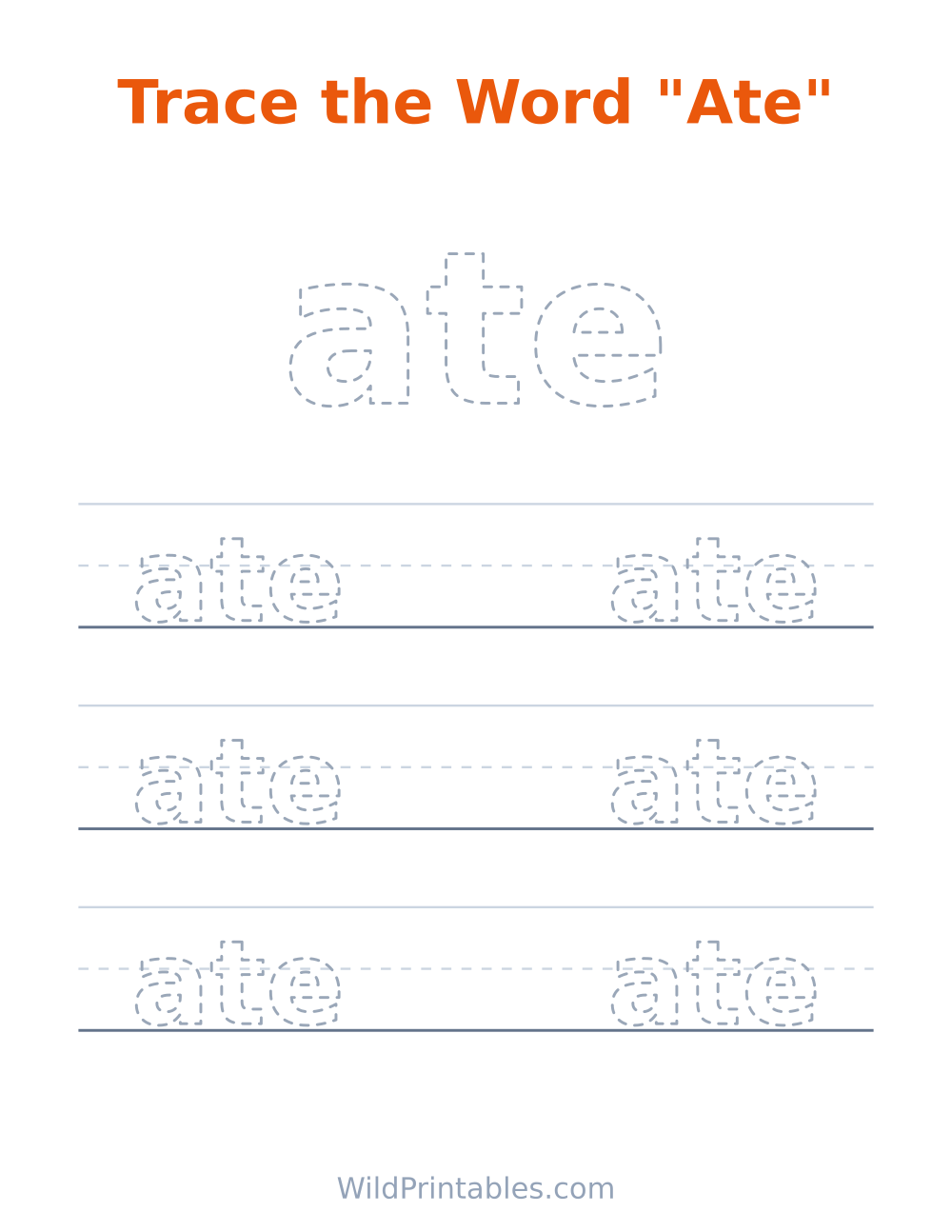 Trace the Word "Ate" — free printable tracing for kids