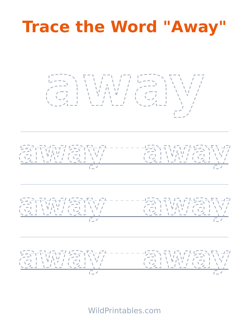 Trace the Word "Away" — free printable tracing for kids