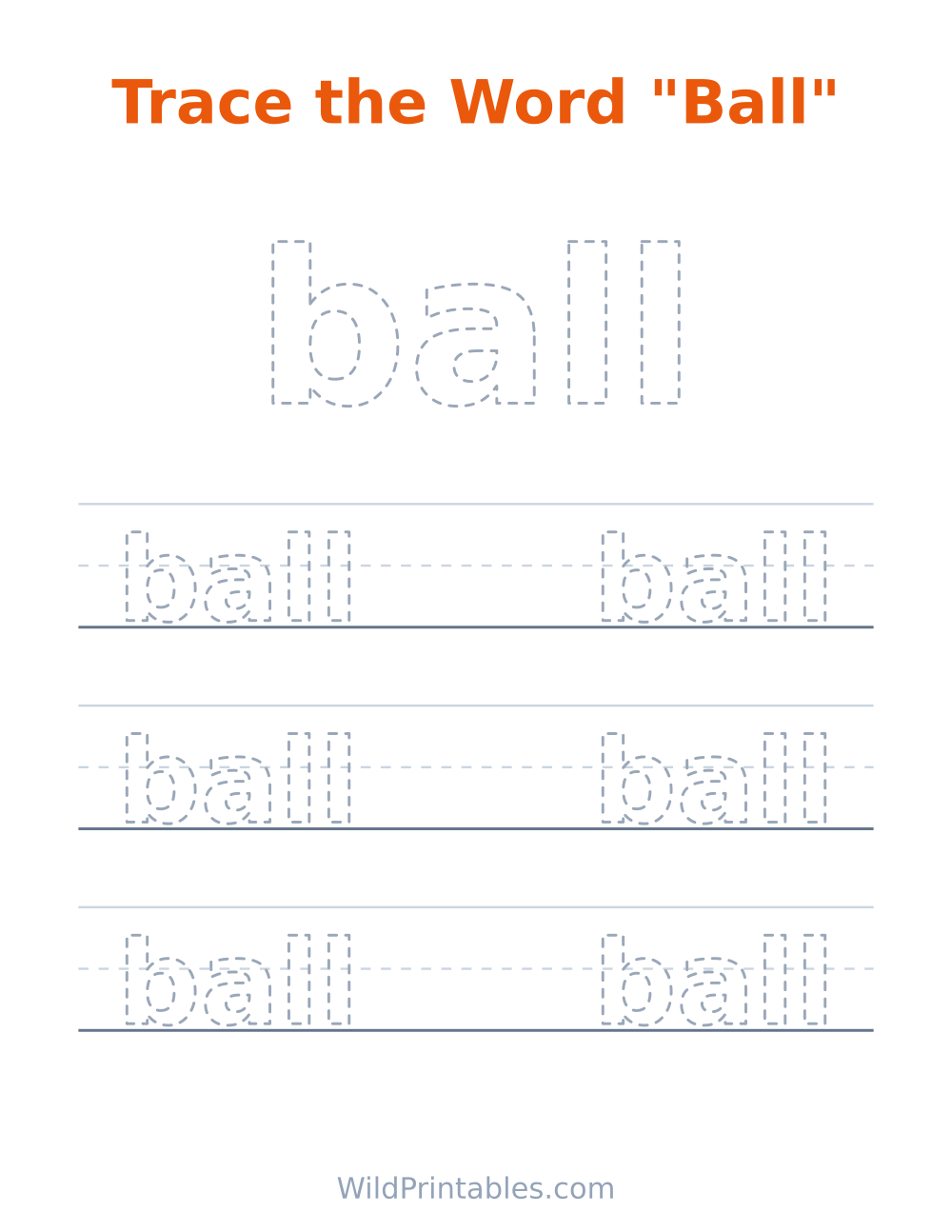 Trace the Word "Ball" — free printable tracing for kids to print and color at home