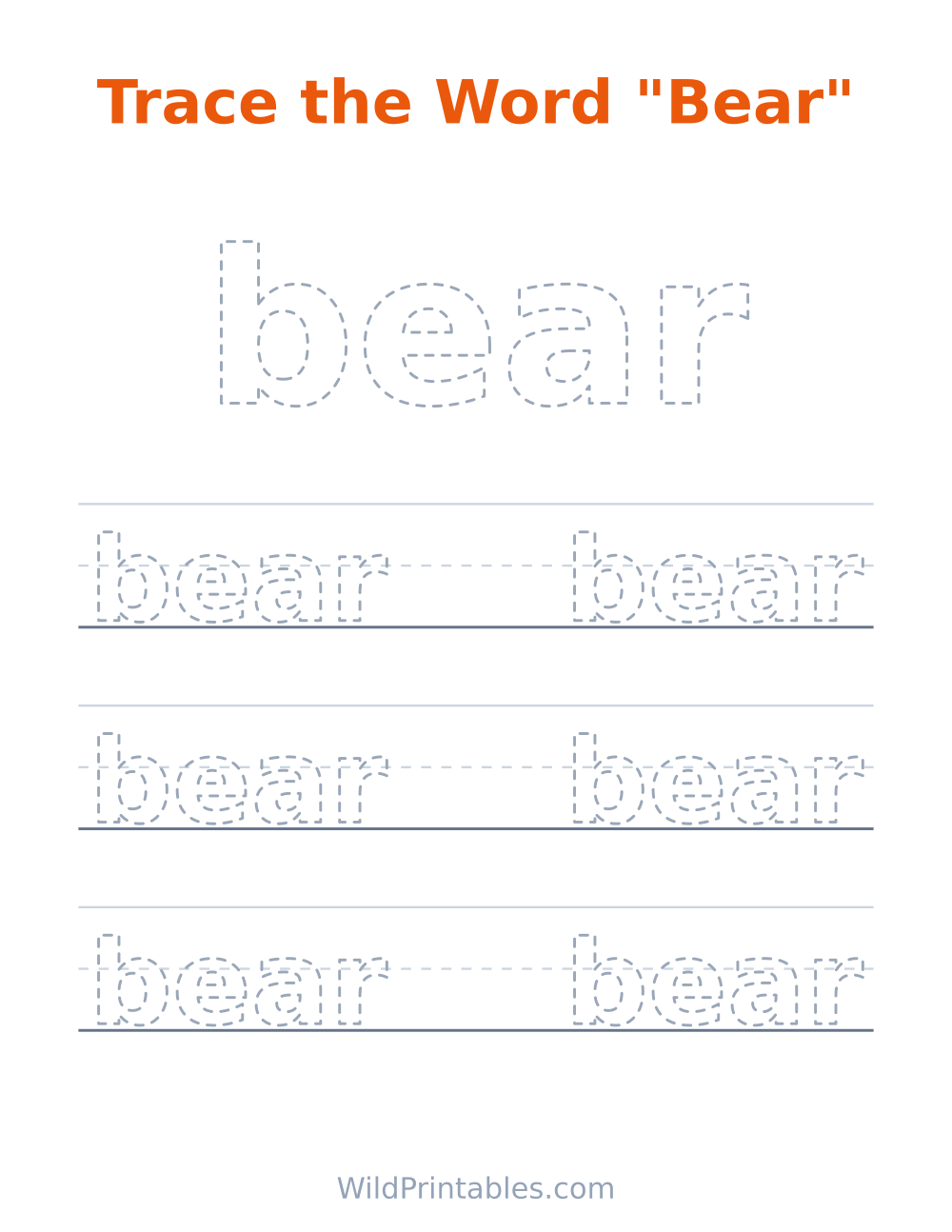 Trace the Word "Bear" — free printable tracing for kids