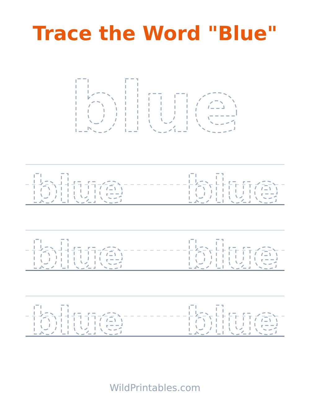 Trace the Word "Blue" — free printable tracing for kids