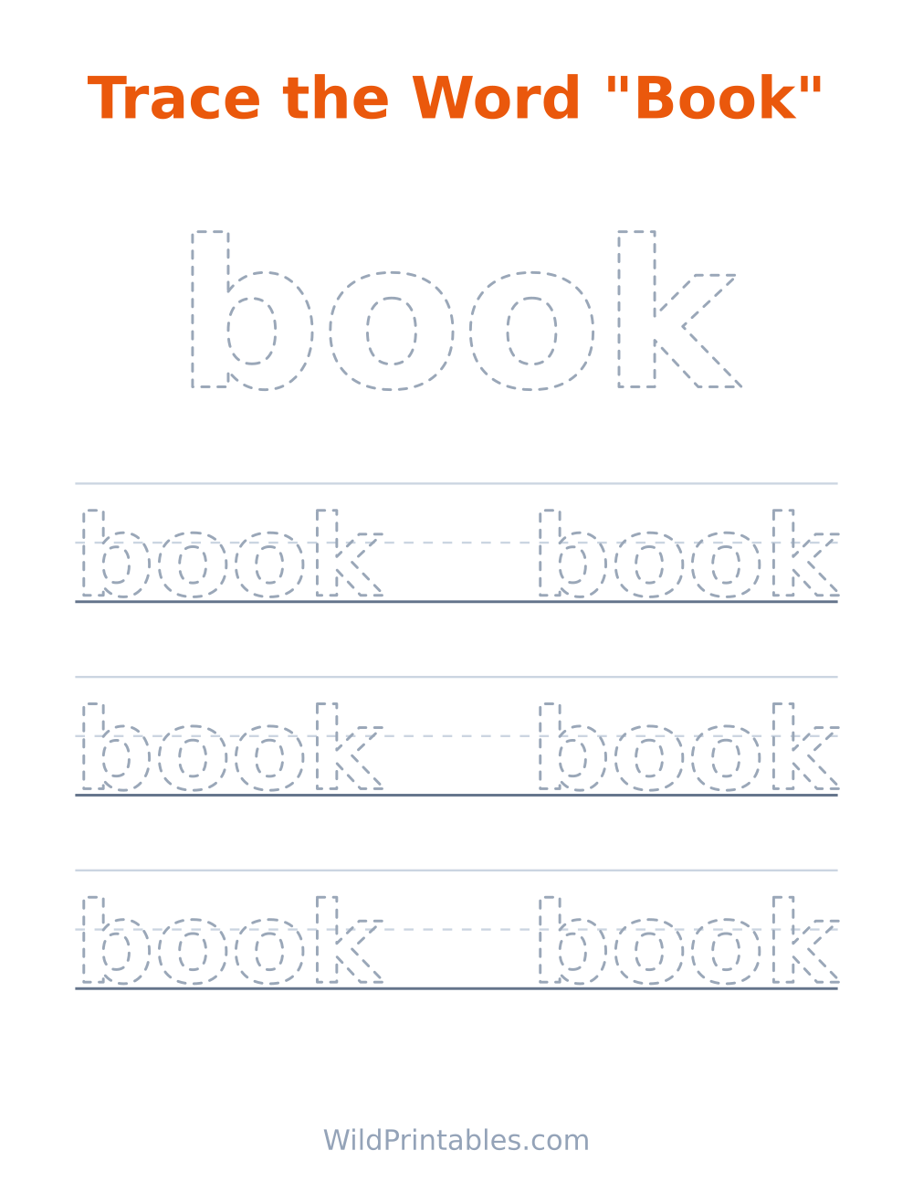 Trace the Word "Book" — free printable tracing for kids to print and color at home