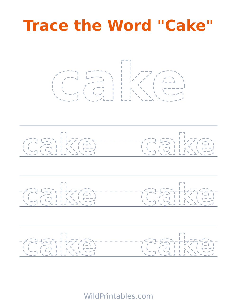 Trace the Word "Cake" — free printable tracing for kids to print and color at home