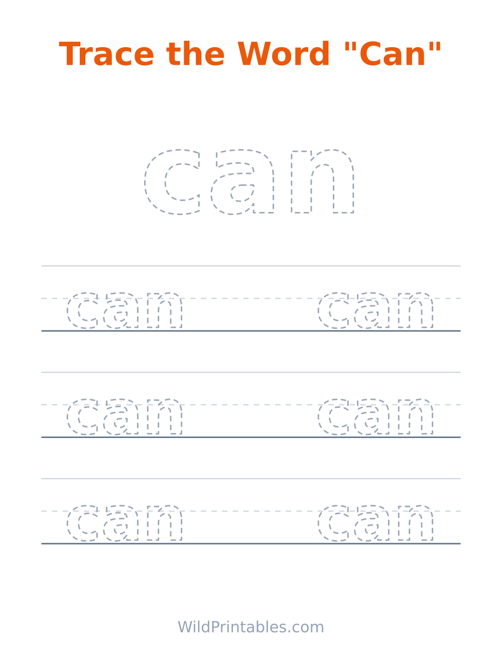 Trace the Word "Can" — free printable tracing for kids