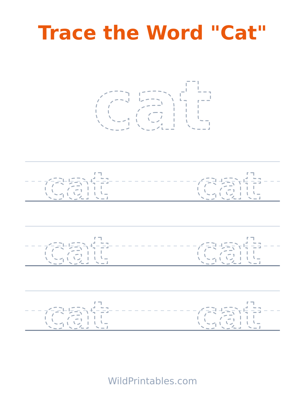 Trace the Word "Cat" — free printable tracing for kids to print and color at home