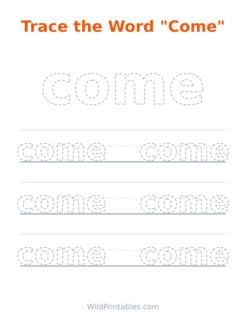 Trace the Word "Come" — free printable tracing for kids