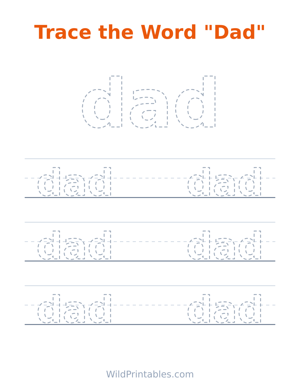 Trace the Word "Dad" — free printable tracing for kids