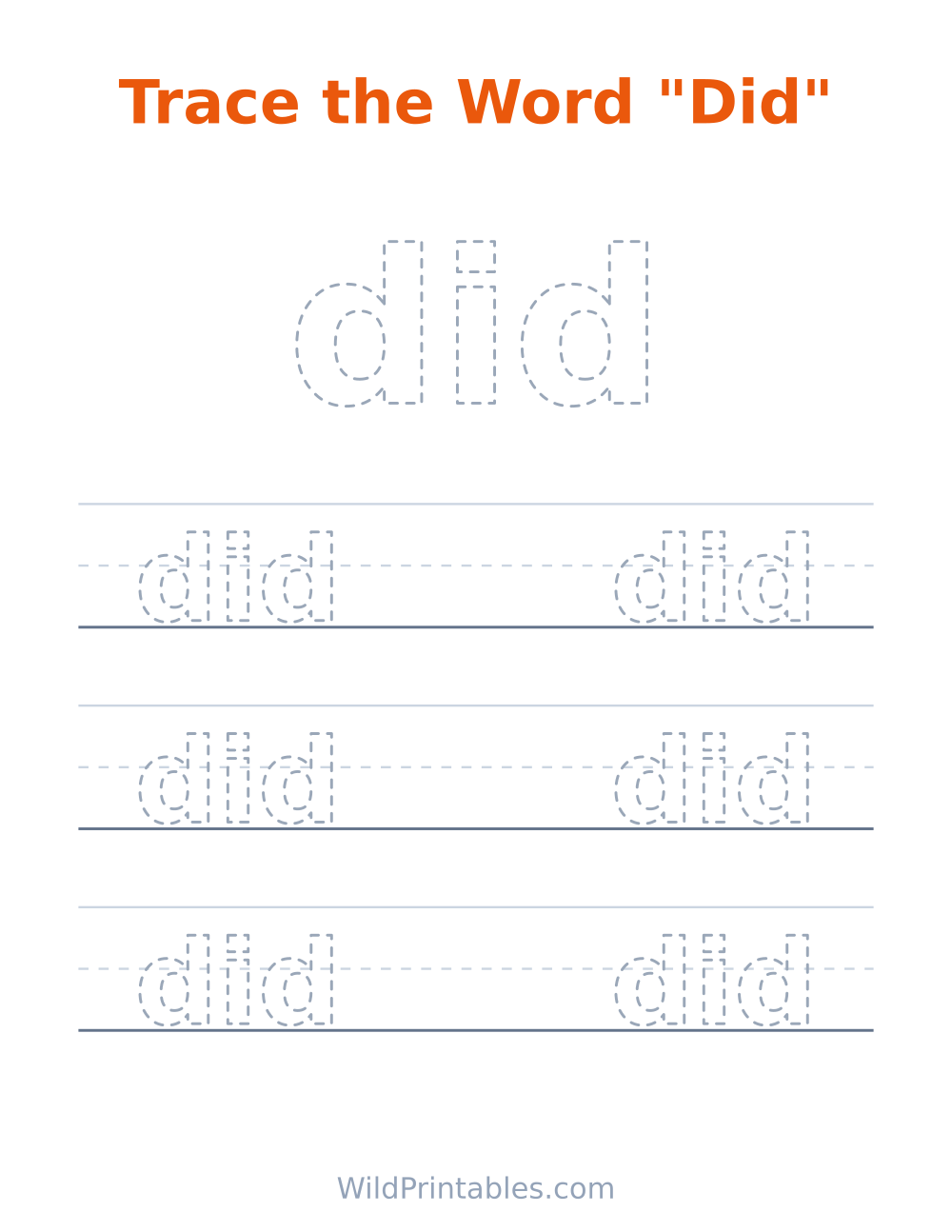 Trace the Word "Did" — free printable tracing for kids
