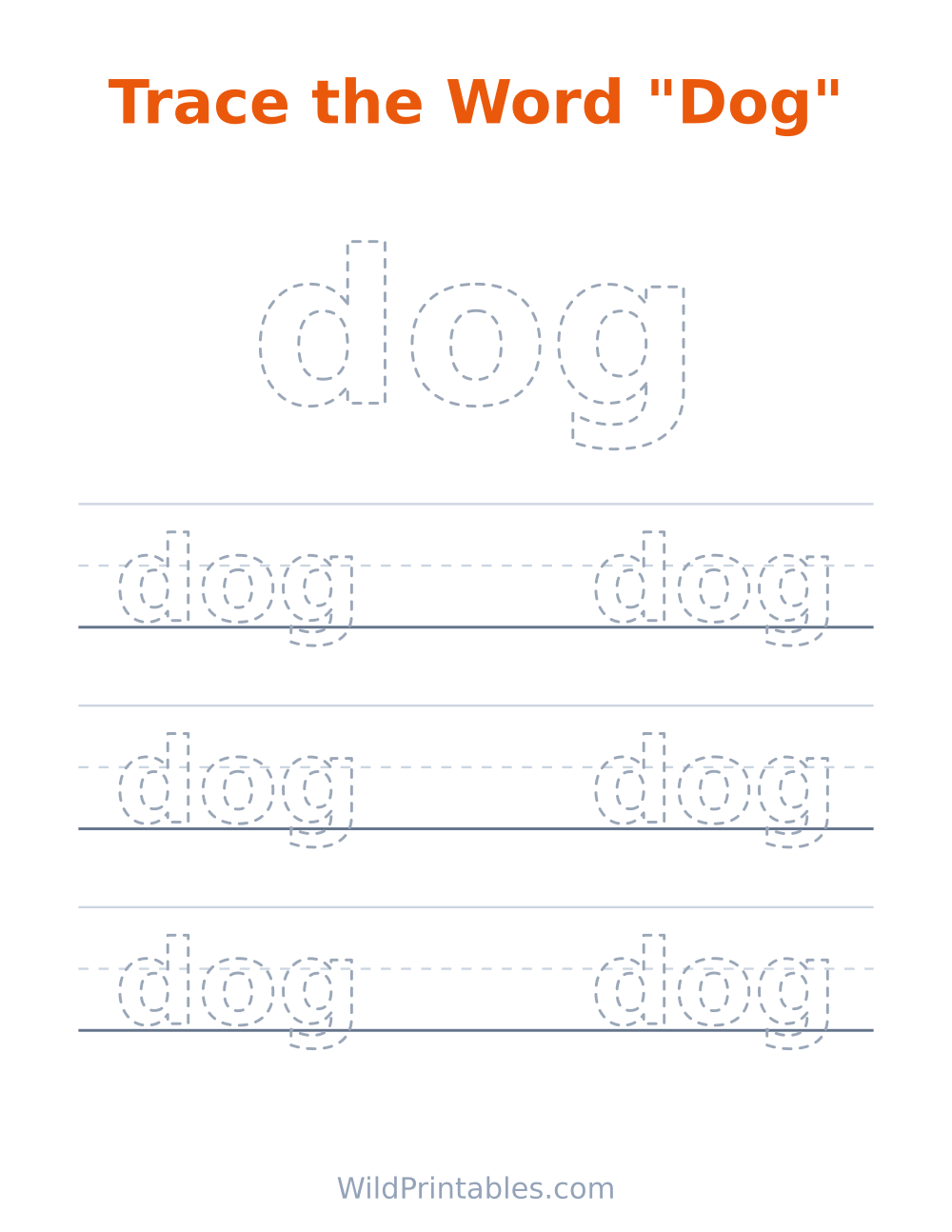 Trace the Word "Dog" — free printable tracing for kids